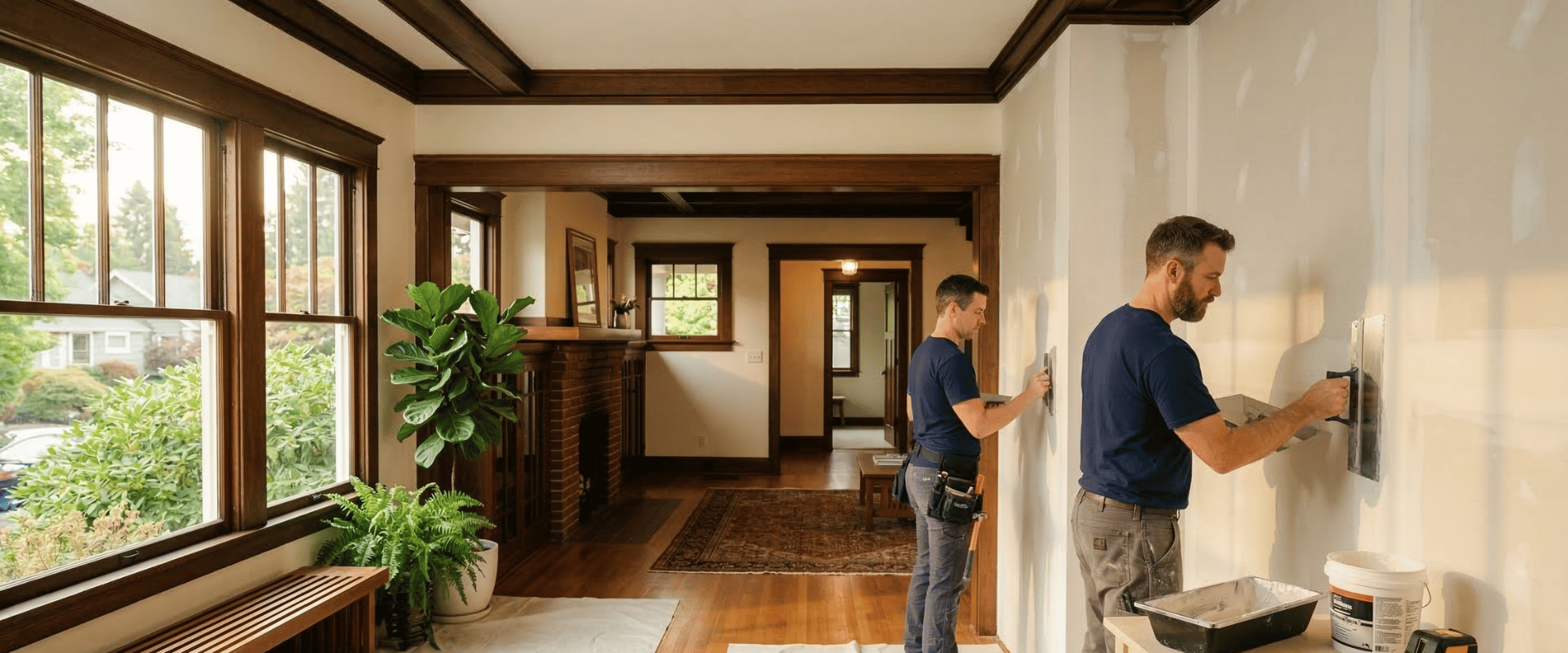 Drywall repair and installation contractors working in a Portland, Oregon home
